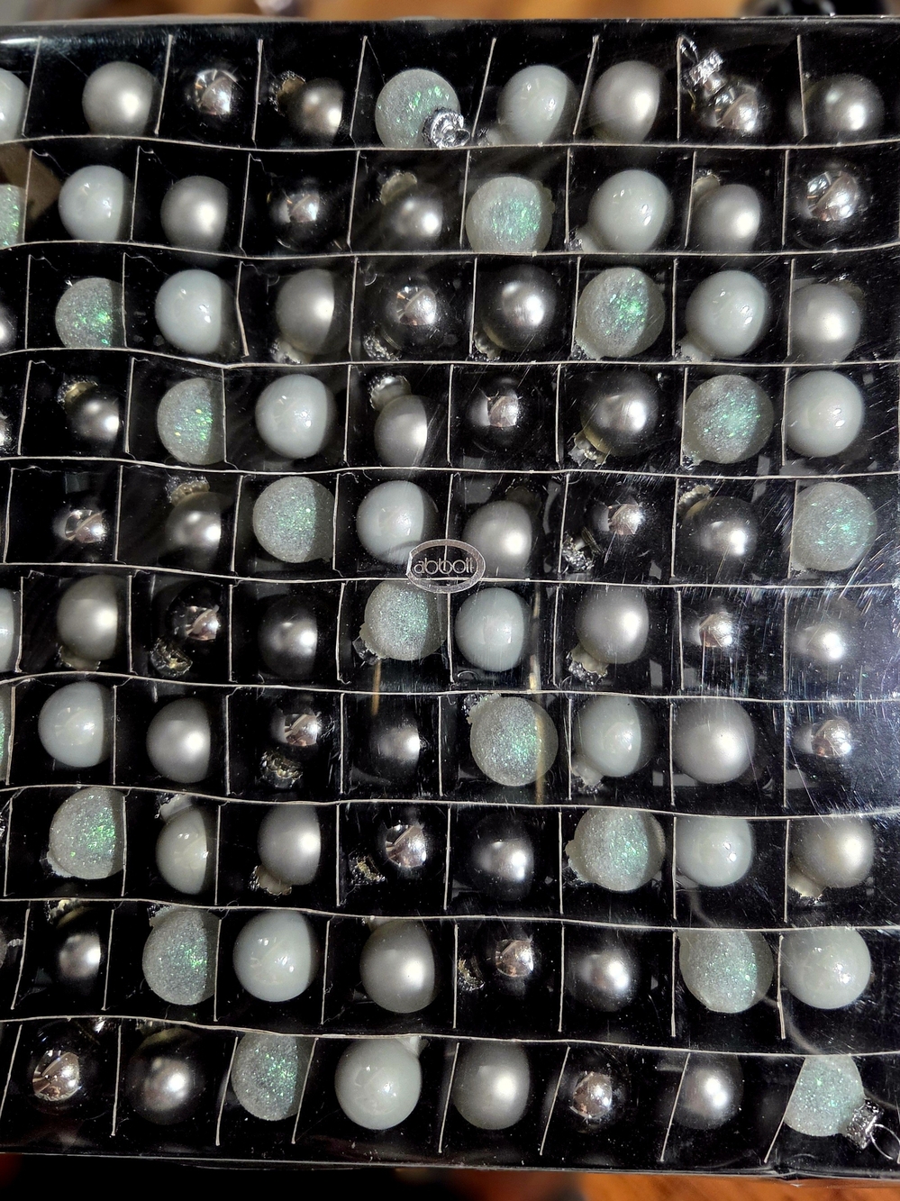 100 Glass Mini Abbott Collection Christmas Ornaments in New Grid box
